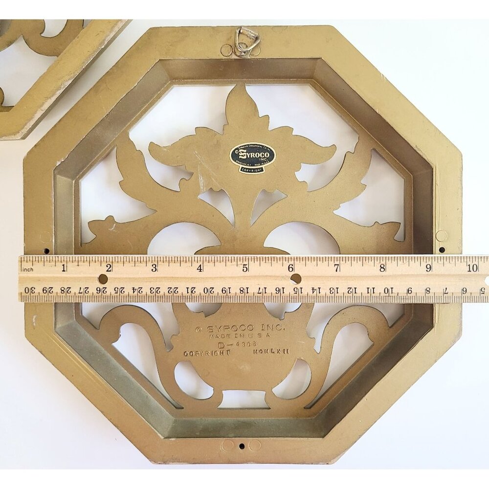 Vtg MCM Syroco Gold Octagonal Wall Art Plaques Decor Set Of 2 Floral Vase Design - Picture 13 of 14